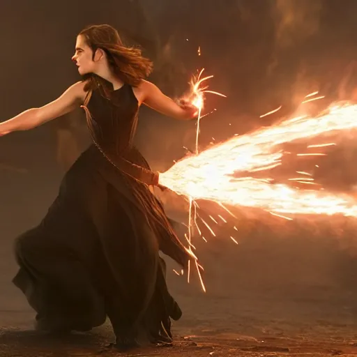 Image similar to Emma Watson Fire Godess, Epic pyrotechnics, 8k UHD, Epic lighting