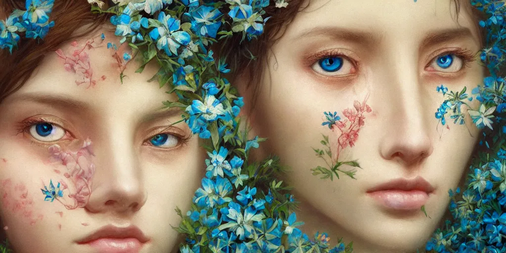 Image similar to breathtaking detailed concept art painting portrait of the goddess of nemophila flowers, orthodox saint, with anxious piercing eyes, ornate background, amalgamation of leaves and flowers, by hsiao - ron cheng, extremely moody lighting, 8 k