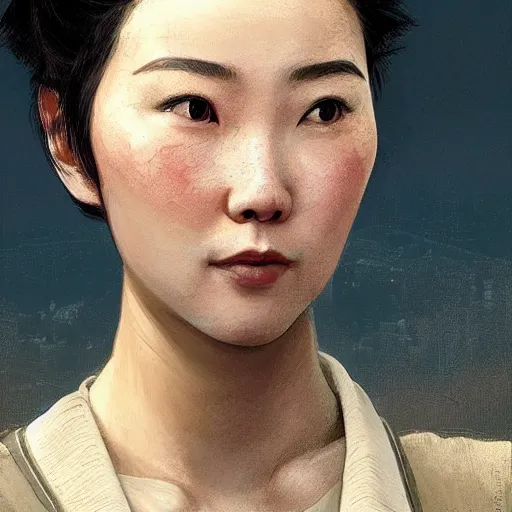 Prompt: Half portrait of a chinese woman with short hair as a character in Fallout 4 visiting a point of interest, gorgeous, beautiful, intricate, highly detailed, digital painting, artstation, oppressive lighting, concept art, sharp focus, illustration, art by greg rutkowski and alphonse mucha