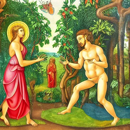Prompt: Painting of Adam and Eve in the (Garden of Eden). Colorful.