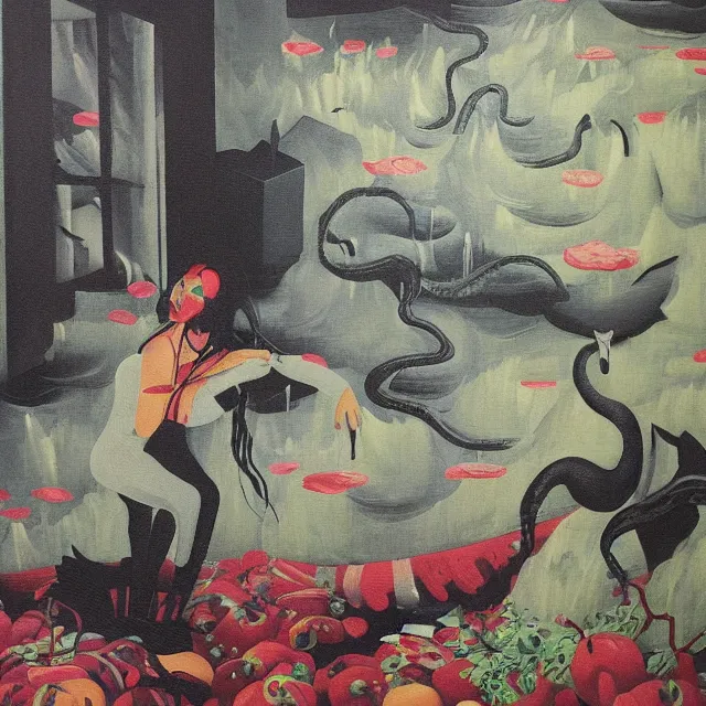 Image similar to tall female emo vegan socialist artist in their flooded apartment, painting of flood waters inside an artist's home, a river flooding indoors, pomegranates, pigs, ikebana, zen, water, octopus, river, rapids, waterfall, black swans, canoe, berries, acrylic on canvas, surrealist, by magritte and monet