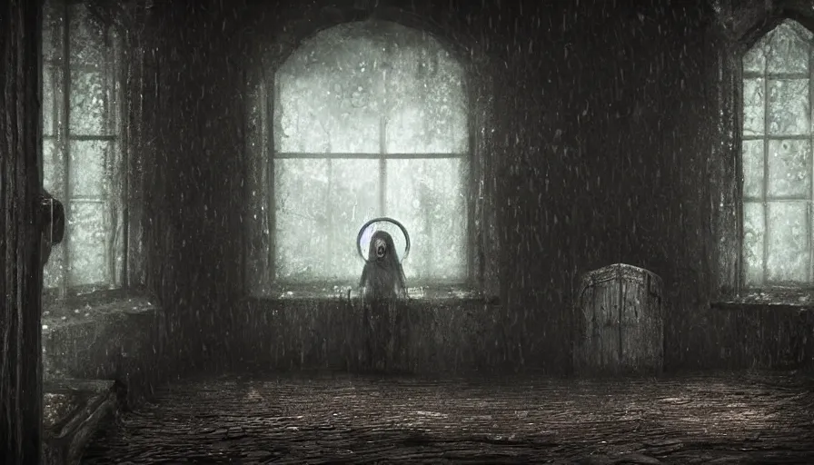 Image similar to in the long past, a alone child, alone in the darkside, cold place, mother of witchers in there, shaodws breathing, spirits in the dark, real atmosphere, old home decor, crossbreeding, rainy window