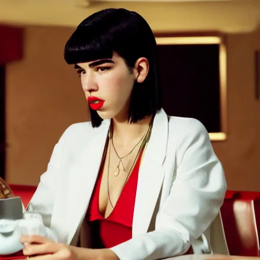 Image similar to Live Action Still of Dua Lipa in Pulp Fiction, real life, hyperrealistic, ultra realistic, realistic, highly detailed, epic, HD quality, 8k resolution, film still