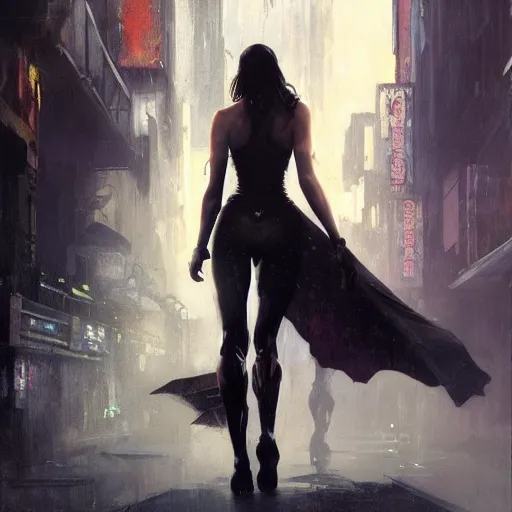 Image similar to gal gadot, hyperrealistic full figure, bladerunner street alley, art of elysium by frank frazetta and by jeremy mann and by alphonse mucha, fantasy art, photo realistic, dynamic lighting, artstation, full figure poster, volumetric lighting, very detailed face, 4 k, award winning