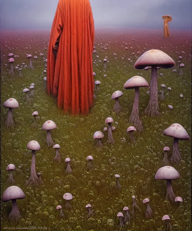 Prompt: A detailed funguswoman stands among the mushroom fields. Wearing a ripped mantle, robe. Perfect faces, extremely high details, realistic, fantasy art, solo, masterpiece, art by Zdzisław Beksiński, Pauline Baynes, Dariusz Zawadzki