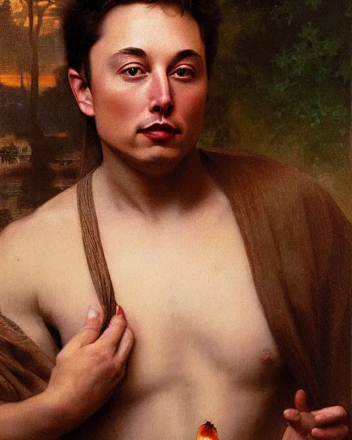 Prompt: beautiful glorious realistic oil painting of young elon musk, bokeh, baroque style by bouguereau, sunset, highly detailed, 8 k intricate