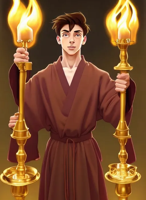 Image similar to muscular kai havertz as a priest wearing robes. holding golden candlestick, in a monestry natural lighting, path traced, highly detailed, high quality, digital painting, by don bluth and ross tran and studio ghibli and alphonse mucha, artgerm