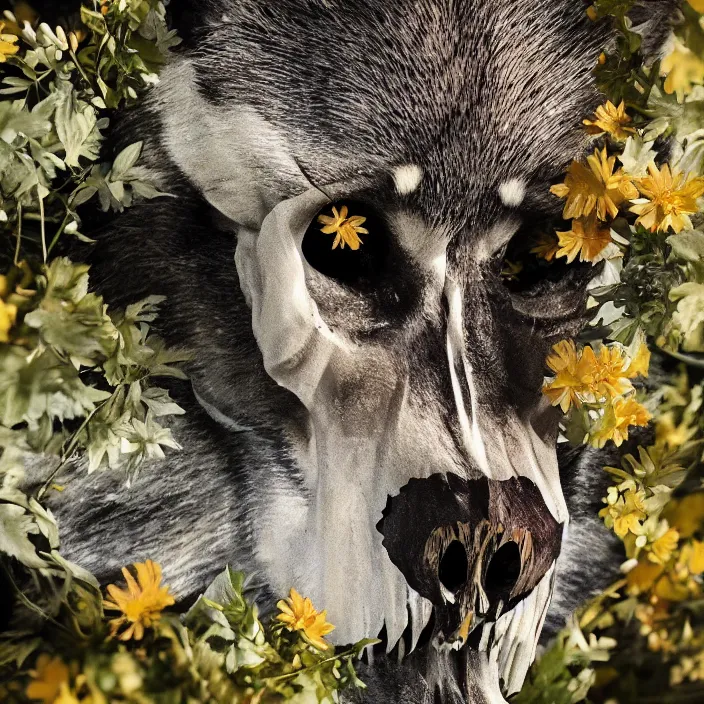 Prompt: overgrown foliage on a realistic wolf skull, close - up, beautiful, lens flare, emotional, sweet, flowers, detailed, picture, artstation, award - winning