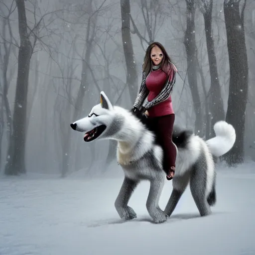 Prompt: girl riding on a giant husky in a snowy park, trending on art station