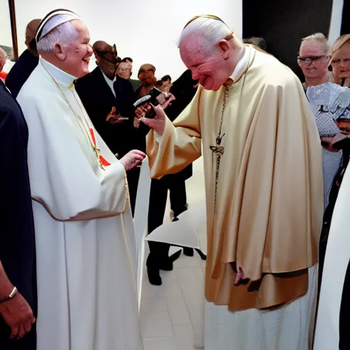 Prompt: john paul ii admiring a new yeezy sneaker in his hands