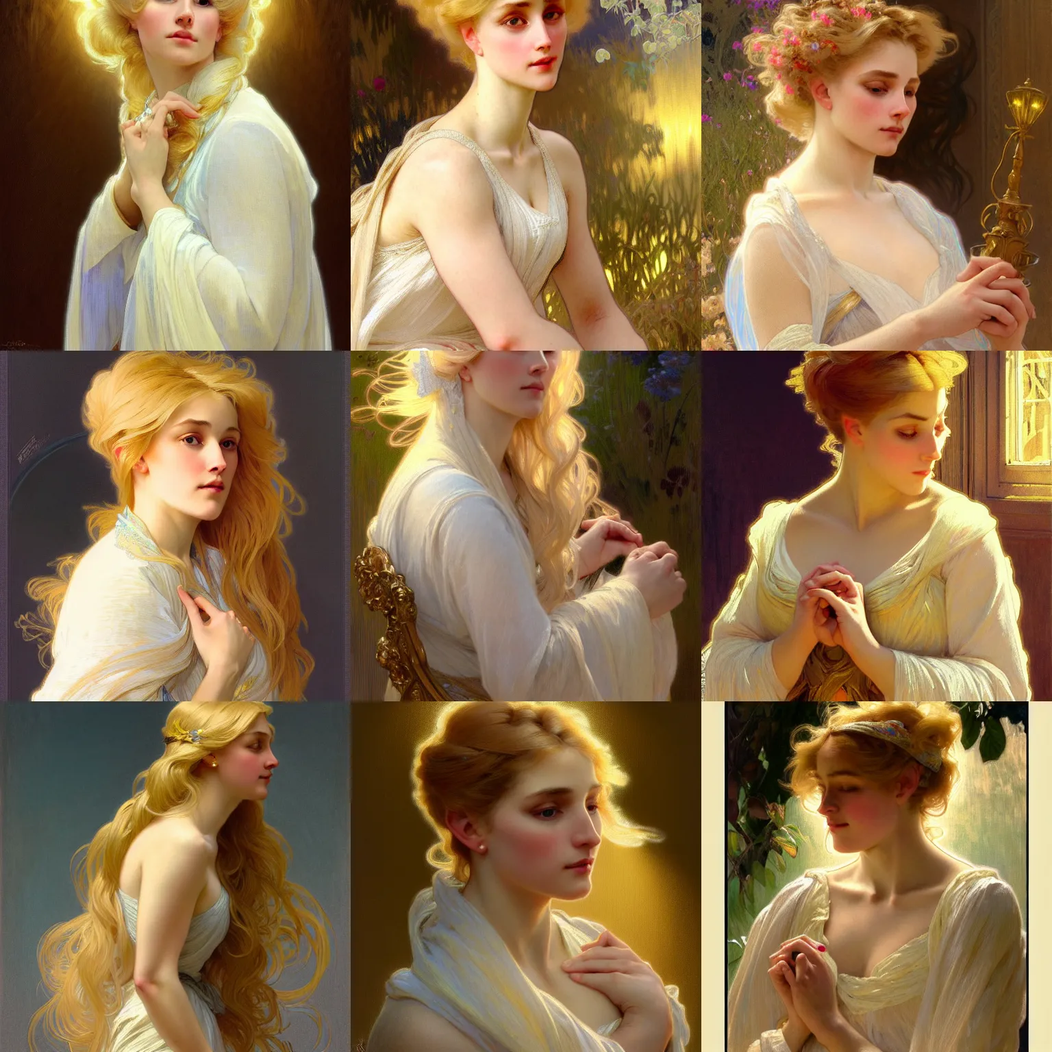 Prompt: painted portrait of a * modest * wife blessed by god with ever - increasing intelligence beauty and virtue. blonde, * modest holy body *, light effect. feminine, powerful, in clothes! intricate, elegant, highly detailed, digital painting, artstation, concept art, smooth, sharp focus, illustration, art by gaston bussiere and alphonse mucha