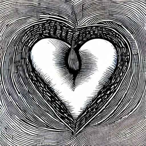 Image similar to clean black and white print, high contrast, logo of an heart with a stylized human body form _ inside