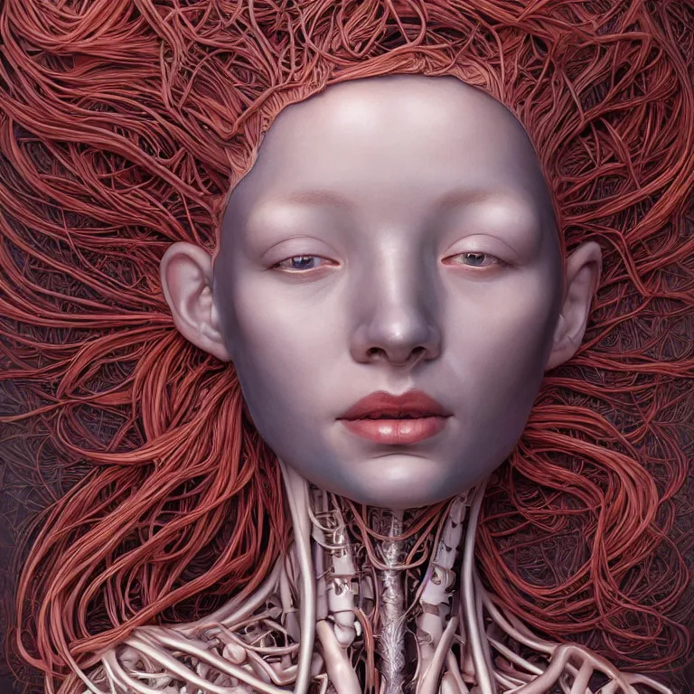 Image similar to portrait of beautiful!! horizontally symmetrical!! woman head with coral!! reef hair. torso, lungs, plates, biomechanical android. soft light painted by james jean and moebius!!! and erik jones, inspired by mary jane ansell, smooth face feature, intricate oil painting, high detail 3 d render, sharp high detail