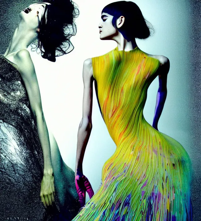 Prompt: la la land unseen film scene starring seductive sofia boutella dancing and dressed by an organic looking dress from designer * iris van herpen *, with stylish colorfull makeup. intriguing soft back lighting, geisha tattoo, highly detailed, skin grain detail, photography by paolo roversi, nick knight, helmut newton, avedon, araki
