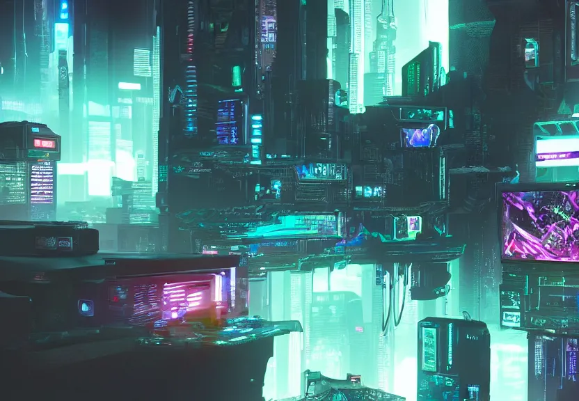 Image similar to cyberpunk computer running a videogame, highly detailed