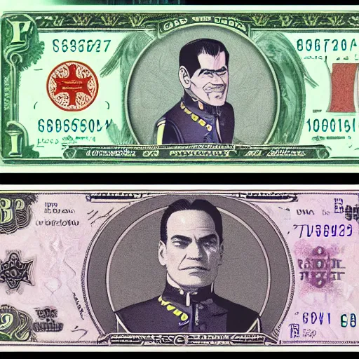 Image similar to Raul Julia's M. Bison, bison dollar notes