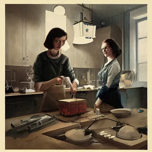 Prompt: delia derbyshire and daphne oram are doing chores in a kitchen, 8 k, art by greg rutkowski