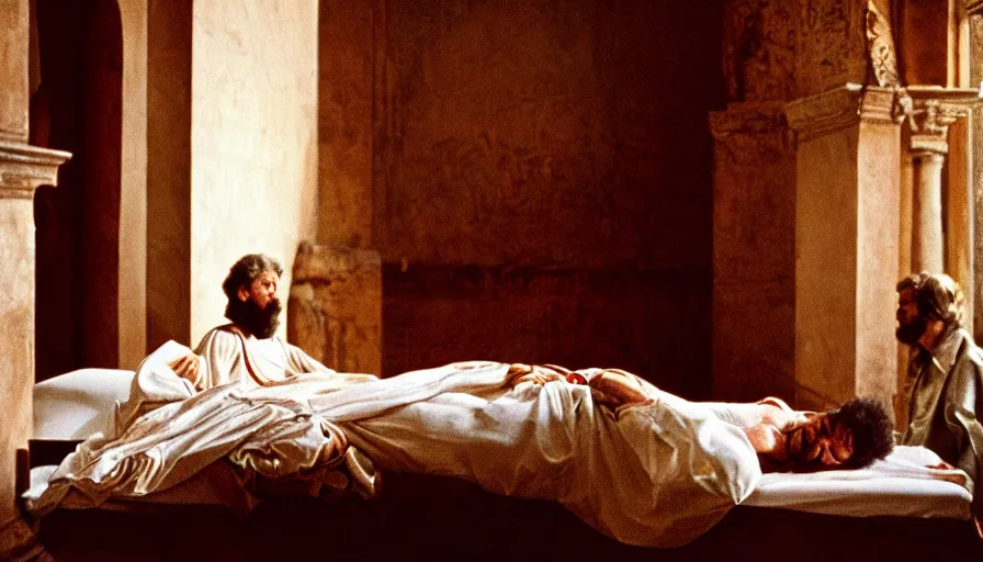 Prompt: 1 9 7 0 s movie still of the marcus aurelius'death on his bed in a ancient palace, cinestill 8 0 0 t 3 5 mm, high quality, heavy grain, high detail, cinematic composition, dramatic light, anamorphic, ultra wide lens, hyperrealistic