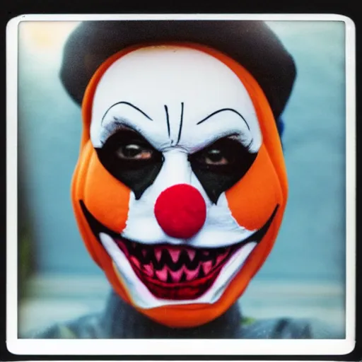 Prompt: polaroid of a screaming clown halloween mask