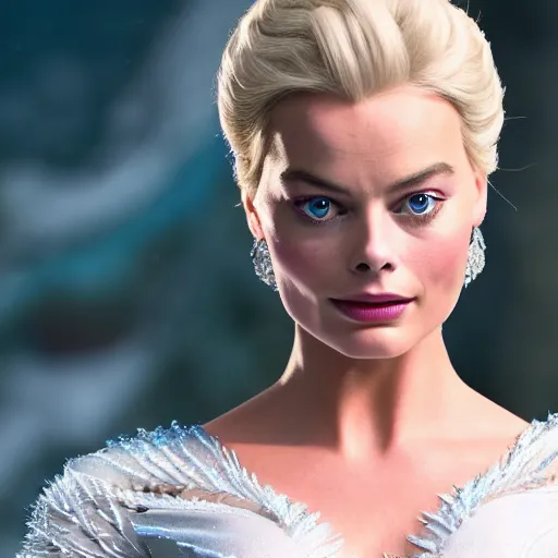 Image similar to Margot Robbie as Elsa in disney frozen live action, 8k full HD photo, cinematic lighting, anatomically correct, oscar award winning, action filled, correct eye placement,