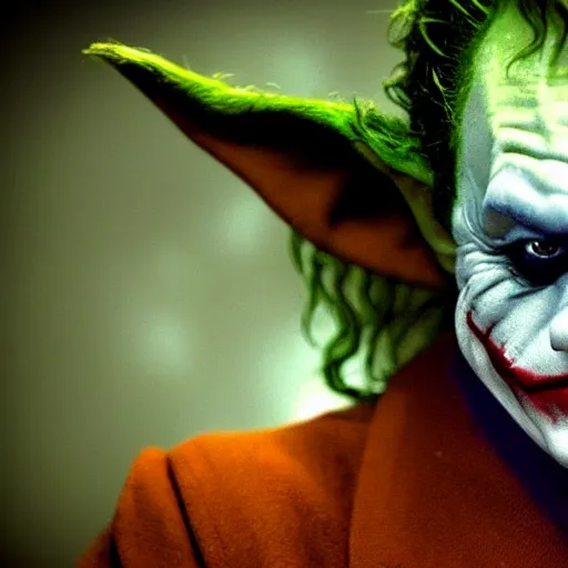 Prompt: stunning awe inspiring the joker played by yoda, movie still 8 k hdr atmospheric lighting