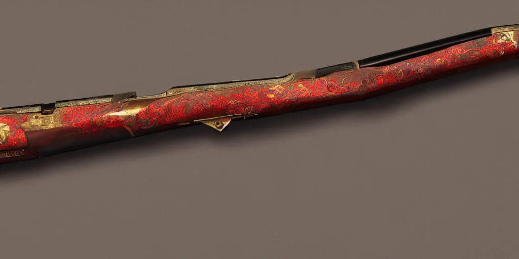 Image similar to a shotgun made from glossy red - painted wood and elements of gold metalwork