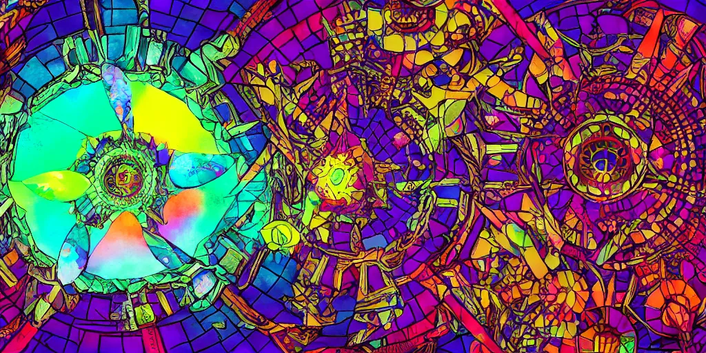 Prompt: Dreamy psychedelic anime, extremely colorful, geometric, Madoka witch labyrinth, patchwork, photoshop, HDR, 4k, 8k, abstract