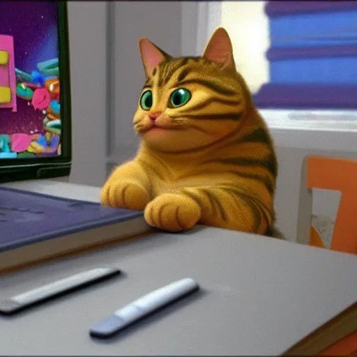 Prompt: cat at a desk, pixar style