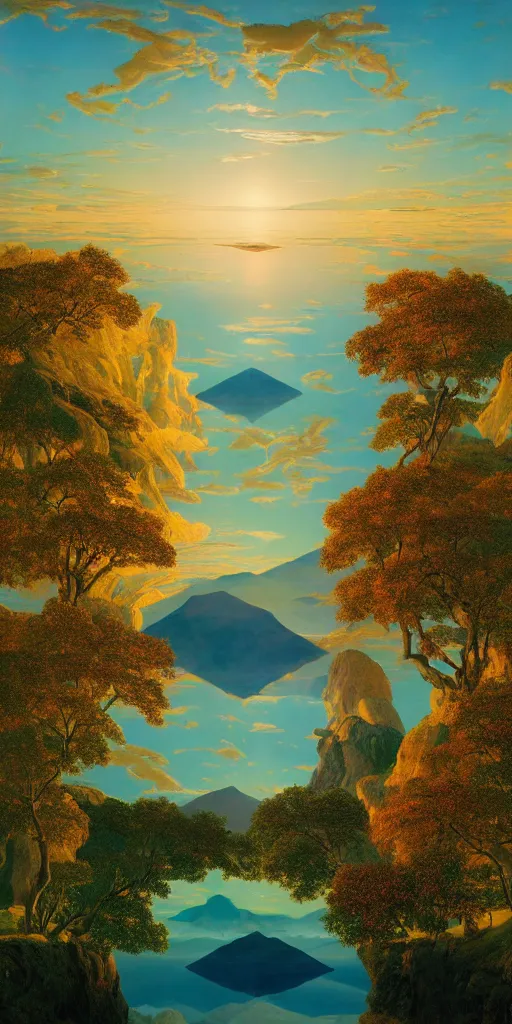 Image similar to symmetry!! a surreal landscape of a dream, lucid dream, people, very detailed, serene, peaceful, golden hour, perfect lighting, perfect composition, digital art, illustration, frederic edwin church, rene magritte, 4 k