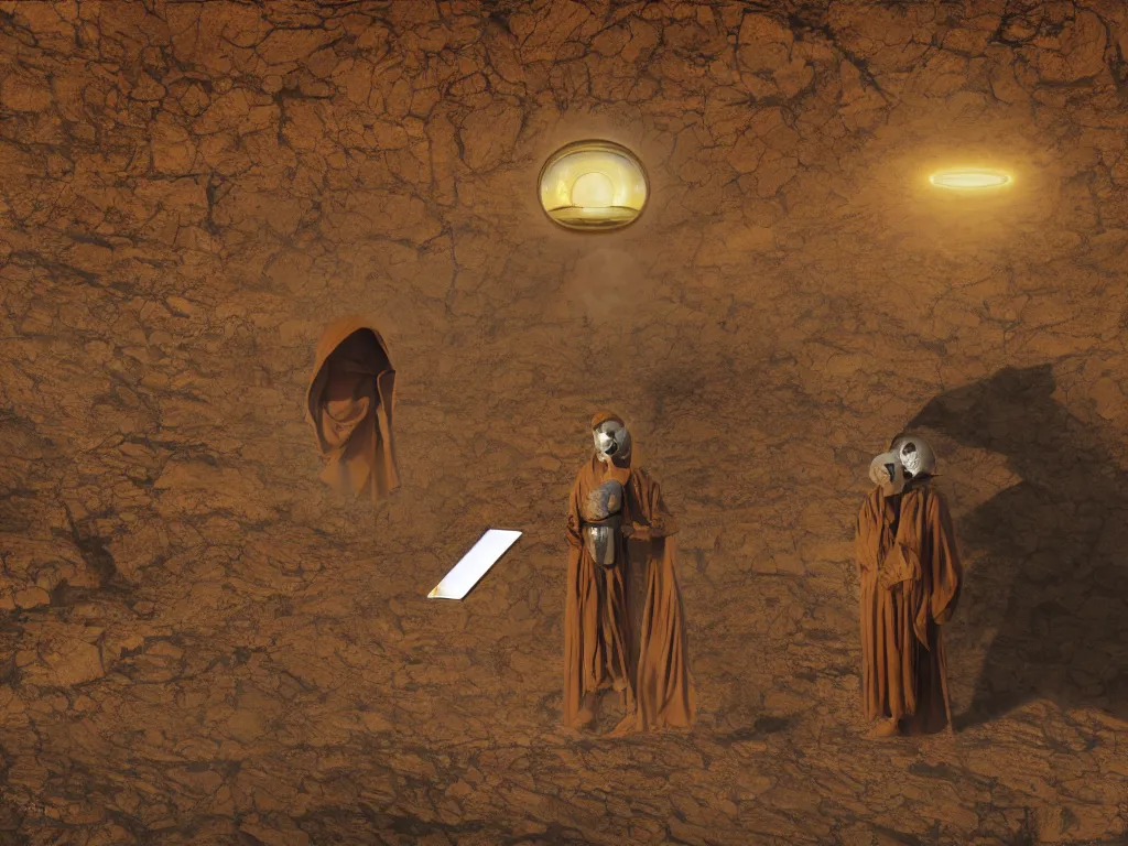 Image similar to levitating bene gesserit with full - face golden mask and glowing eyes in a dry rocky desert landscape, visible sky and sunny atmosphere, fata morgana giant mirrors, spaceship in the sky by alejandro jodorowsky, anamorphic lens, kodakchrome, cinematic composition, practical effects, 8 k,