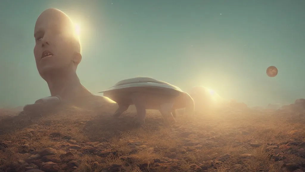 Image similar to There are three suns in the sky, fault, a shock wave, pieces of land, frightening appearance, catastrophic, Breathtaking , the sun's rays through the dust, noise, Hans zimmer Soundtrack, Expectation, fear, art by Mike winkelmann,