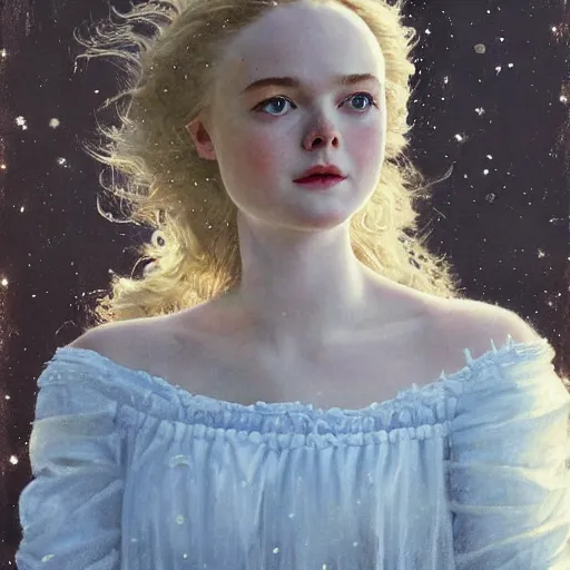 Prompt: Elle Fanning in Santorini at night, head and shoulders portrait, stormy weather, extremely detailed masterpiece, Roger Deakin’s cinematography, oil on canvas, Norman Rockwell,