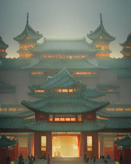 Prompt: tang dynasty palace by peter mohrbacher and dan mumford and nekro, cgsociety, volumetric light, 3 d render