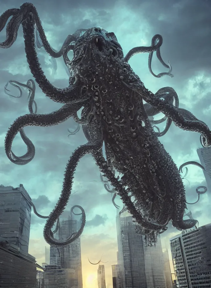 Prompt: A very giant Kraken-like multi-eyed monster jumped up with its jaws on a high-rise office building and wrapped his tentacles all around him. High detail, front view, photorealism, concept art, octane render, zoom, architecture, sunset, raytracing, 8k