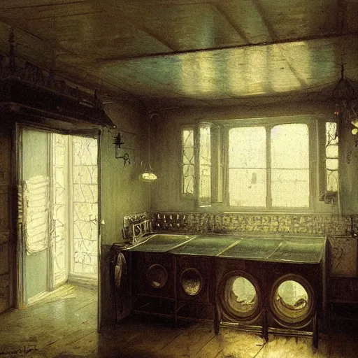 Image similar to detailed painting of a laundry room in a capsule, filigree ornaments, fog, andreas achenbach,