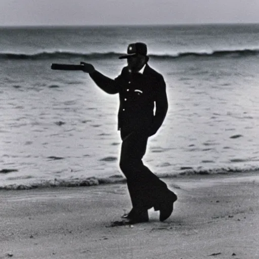 Image similar to a stunning photograph of Fidel Castro smoking a cigar and walking in the beach. There is a storm in the background. 1960s color photography. Award winning.