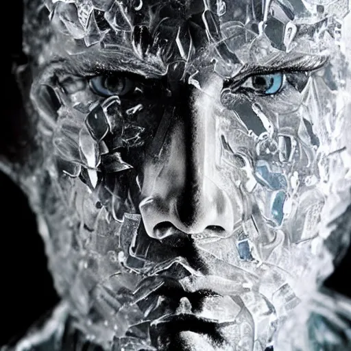 Image similar to man portrait made out of ice, beautiful, cyborg, comic book art, highly detailed
