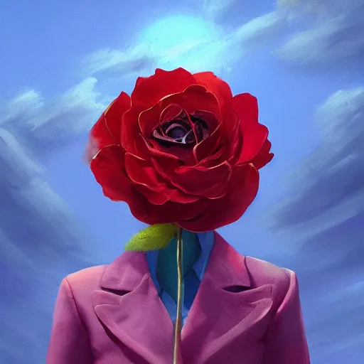 Prompt: closeup, giant rose flower head, frontal, a girl in a suit, surreal photography, sunrise, blue sky, dramatic light, impressionist painting, digital painting, artstation, simon stalenhag
