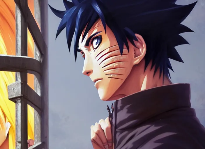 Image similar to highly detailed portrait of naruto uzumaki with black hair punching a wal behind bars in prison, unreal engine, fantasy art by greg rutkowski, loish, rhads, ferdinand knab, makoto shinkai and lois van baarle, ilya kuvshinov, rossdraws, tom bagshaw, global illumination, radiant light, detailed and intricate environment