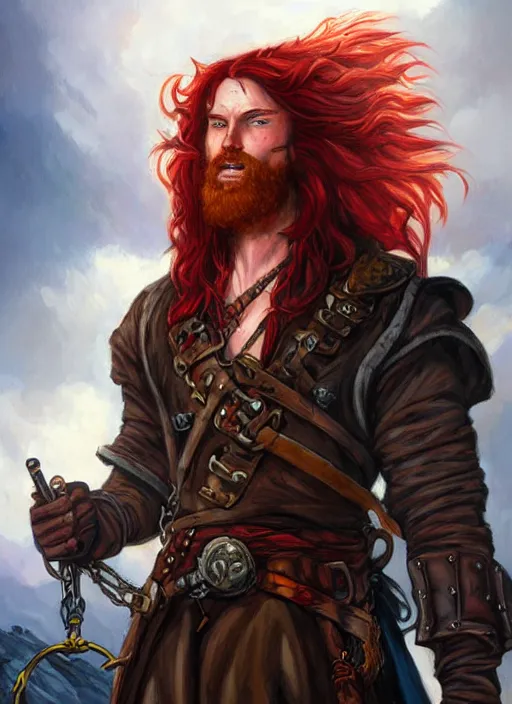 Image similar to an epic fantasy comic book style portrait painting of a long haired, red headed male sky - pirate in front of an airship in the style of eve ventrue