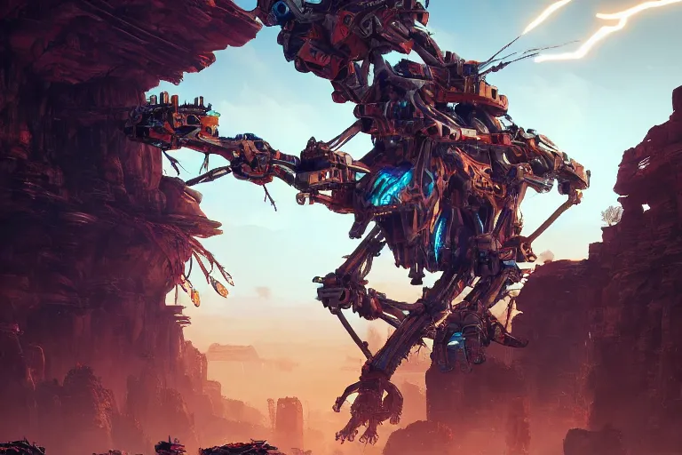 Image similar to tallneck machine mecanical creature robot of horizon forbidden west horizon zero dawn radiating a glowing aura global illumination ray tracing hdr fanart arstation by ian pesty and alena aenami artworks in 4 k