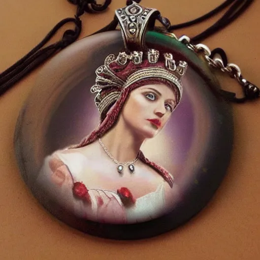 Image similar to necklace helen of troy on a young beautiful woman neck, hyper realistic,