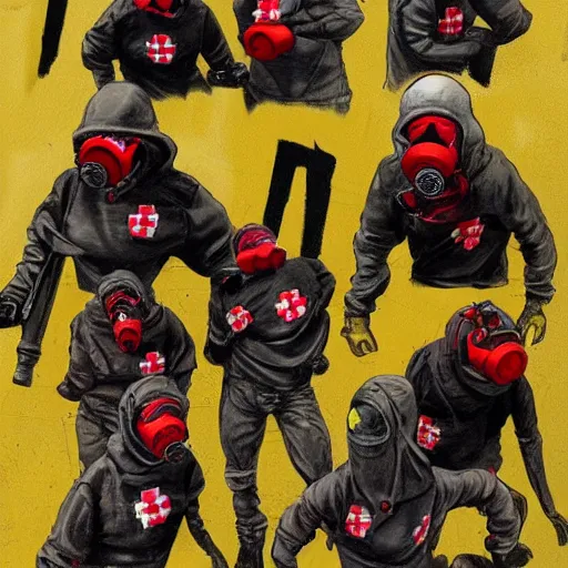 Prompt: detailed details concept art saints gang photo group, theyre using gas mask, other using saints mask, with red cross mark, theyre wear yellow and red hoodie, theyre leader regularly uses red in the style of bob peak and alex ross, gouache and wash paints color, detailed details facial and body and human and environments and proportionate, detailed 5 k details.