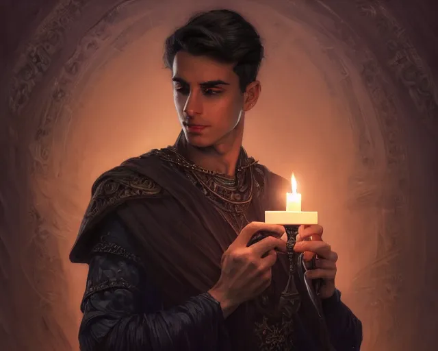 Image similar to a mind - blowing portrait of a fortune seeker male, clean shaven, holding a candle holder, wearing dark maritime clothing, intelligent, deep focus, d & d, fantasy, intricate, elegant, highly detailed, digital painting, artstation, concept art, matte, sharp, illustration, hearthstone, art by artgerm and greg rutkowski and alphonse mucha