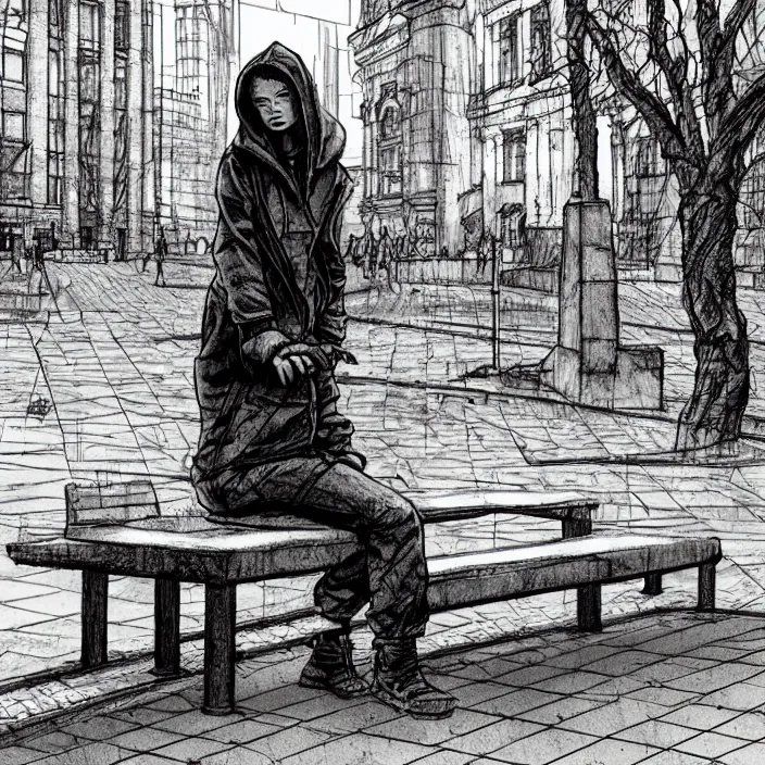 Image similar to storyboard : sadie sink in hoodie sat down on bench in ruined square, pedestrians walk by, soviet monument and propaganda posters. scifi cyberpunk. by gabriel hardman. cinematic atmosphere, detailed and intricate, perfect anatomy