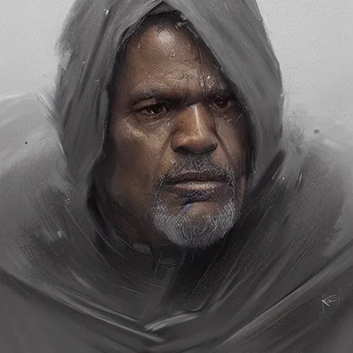 Image similar to portrait of a man by greg rutkowski, old jedi master, black, he looks like laurence fishbourne, star wars expanded universe, he is about 6 0 years old, wearing jedi robes, highly detailed portrait, digital painting, artstation, concept art, smooth, sharp foccus ilustration, artstation hq