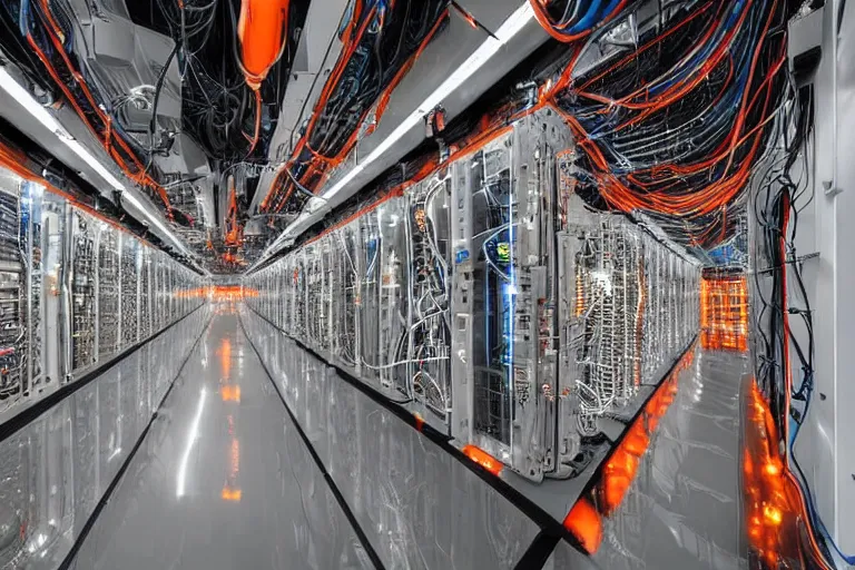 Image similar to a vast and modern Cray supercomputer datacenter. shiny floor, exposed circuit boards and complexes of wiring, orange glowing nixie tubes and tesla coils.