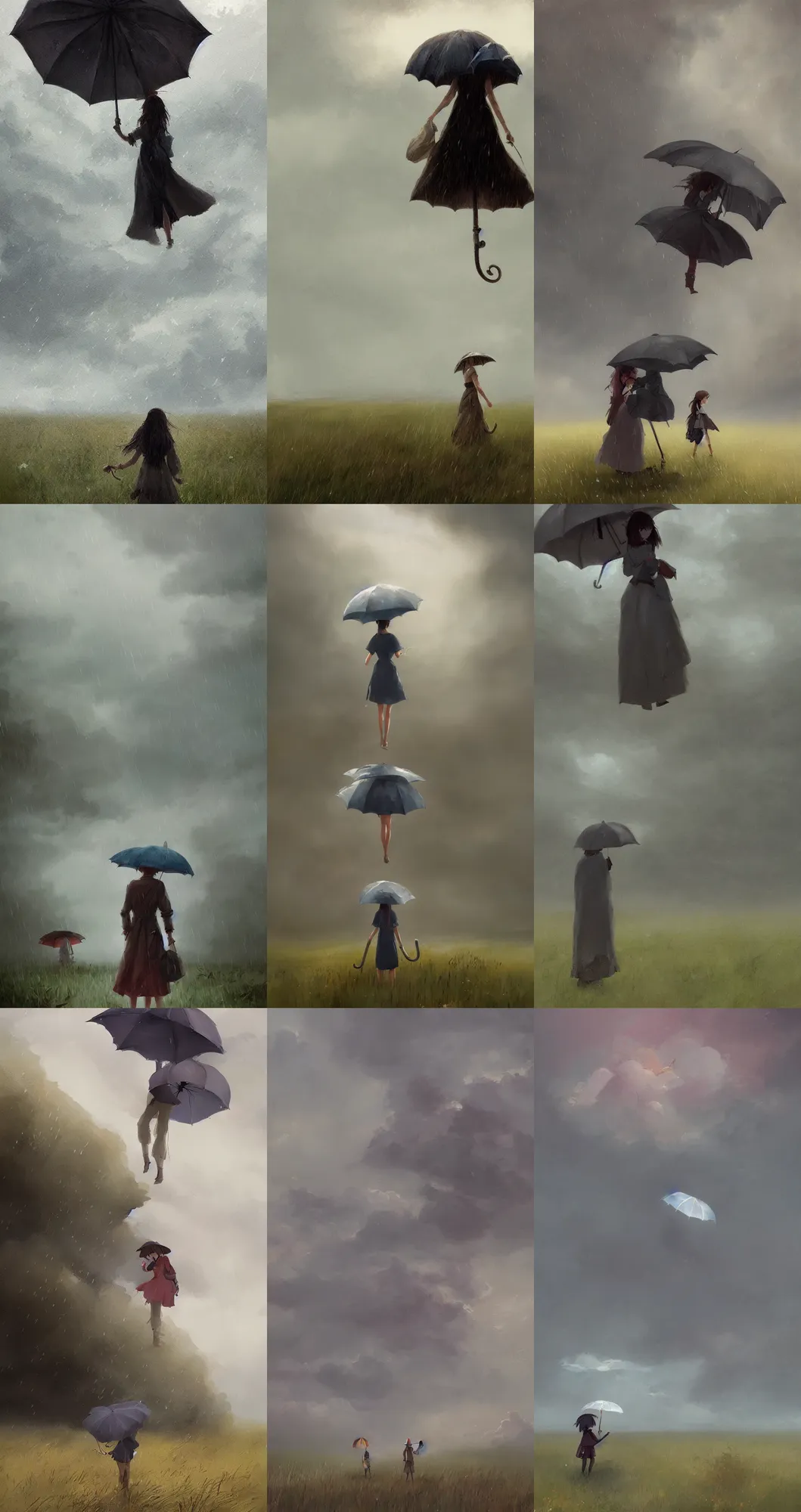 Prompt: Holding an umbrella in a thunderstorm in the prairie, pretty, by Studio Ghibli and Greg Rutkowski, artstation