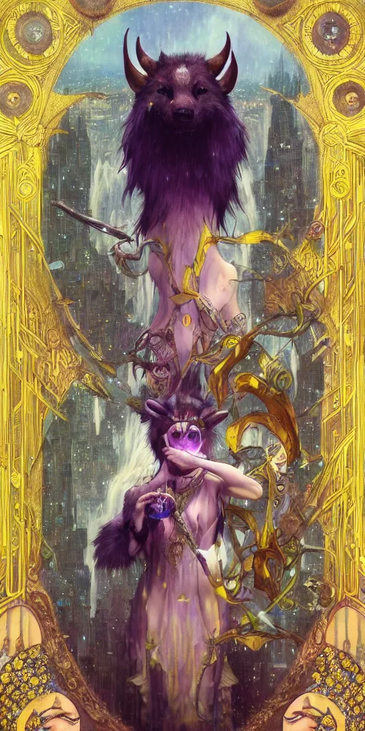 Image similar to hyper realistic Princess Mononoke in her mask, busy metropolis, city landscape, wolves, magic, castle, jewels, style of tom bagshaw, mucha, james gurney, norman rockwell, gems and gold, waterfalls, denoised, sharp, yellow purple colours,