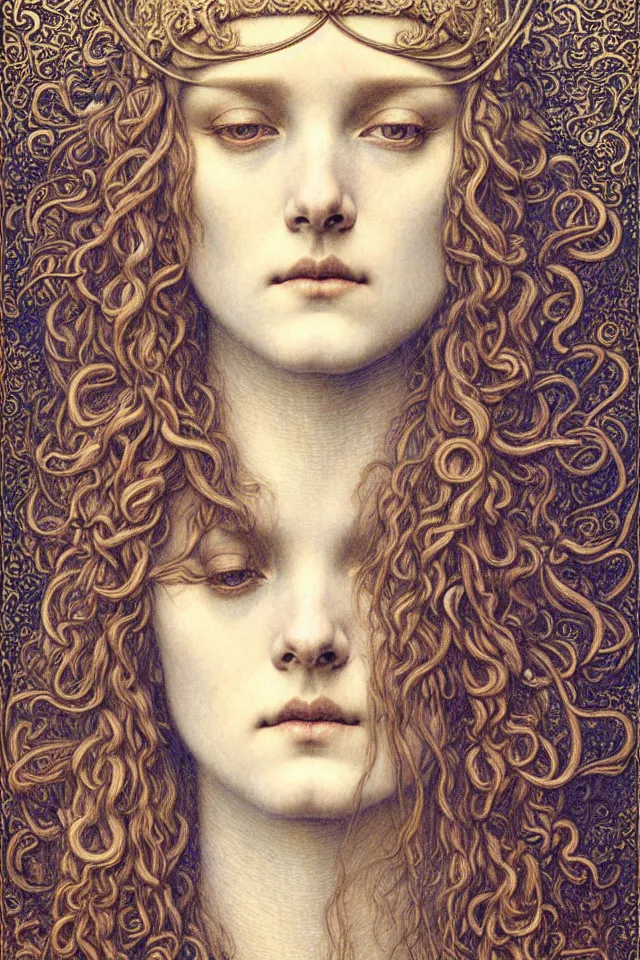 Image similar to detailed realistic beautiful young medieval queen face portrait by jean delville, gustave dore and marco mazzoni, art nouveau, symbolist, visionary, gothic, pre - raphaelite. horizontal symmetry